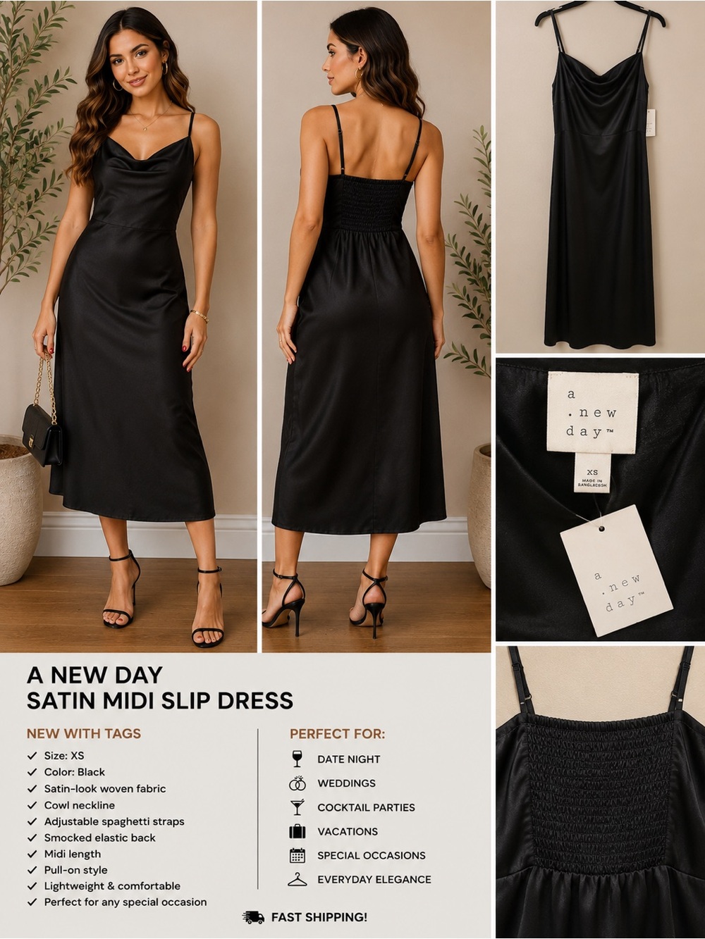 A New Day Black Satin Midi Slip Dress XS NWT Cowl Neck Adjustable Straps